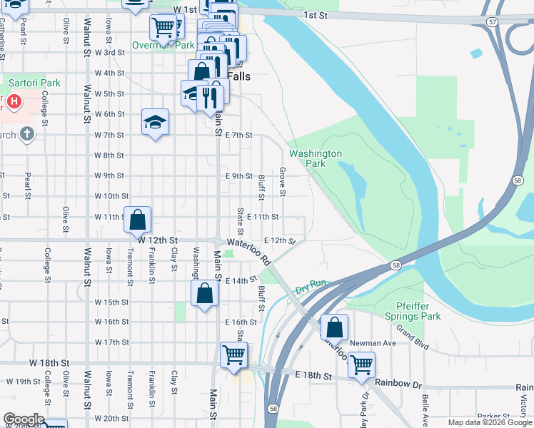 map of restaurants, bars, coffee shops, grocery stores, and more near 1003 Grove Street in Cedar Falls