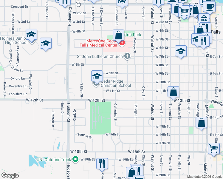 map of restaurants, bars, coffee shops, grocery stores, and more near 1206 West 10th Street in Cedar Falls