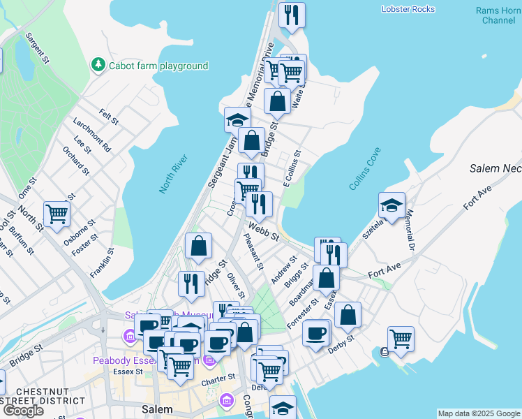 map of restaurants, bars, coffee shops, grocery stores, and more near 17 Warner Street in Salem