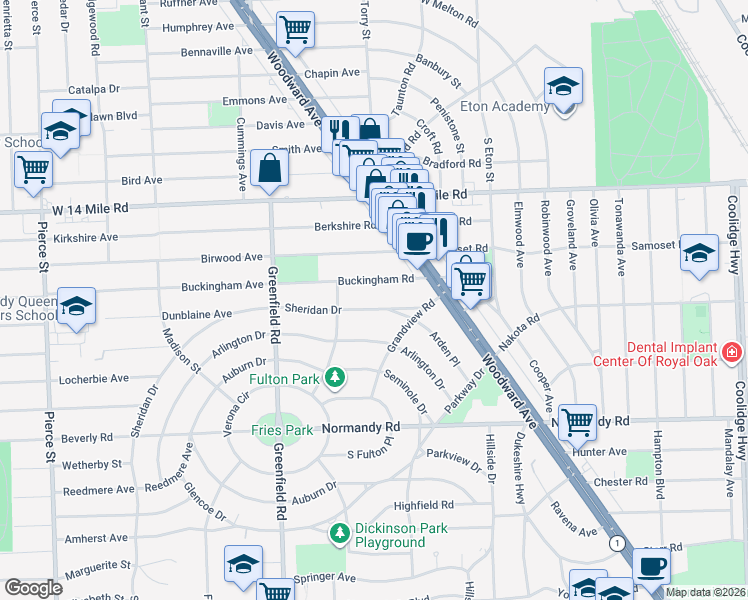 map of restaurants, bars, coffee shops, grocery stores, and more near 4322 Buckingham Road in Royal Oak
