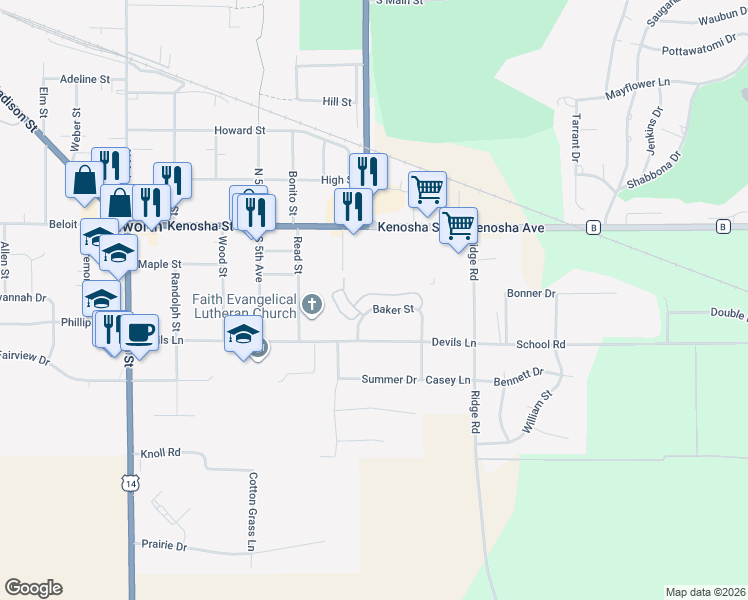map of restaurants, bars, coffee shops, grocery stores, and more near 650 Baker Street in Walworth