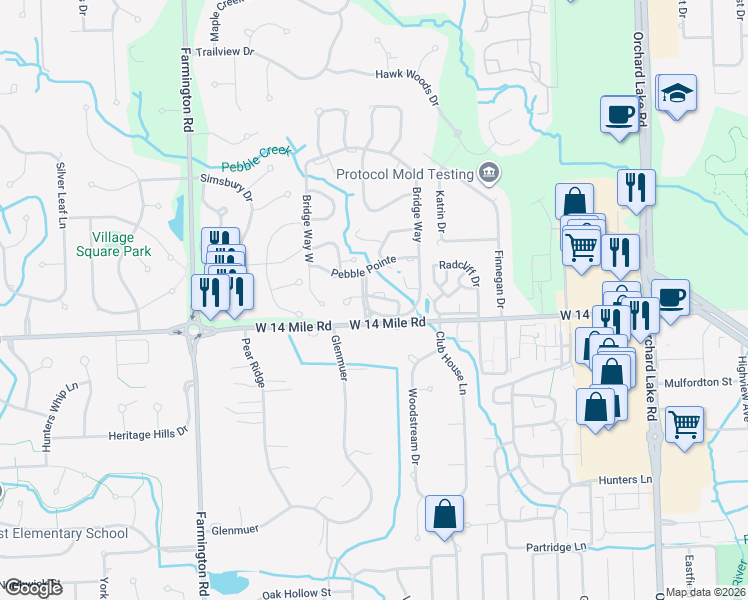 map of restaurants, bars, coffee shops, grocery stores, and more near 7435 Pebble Pointe in West Bloomfield Township