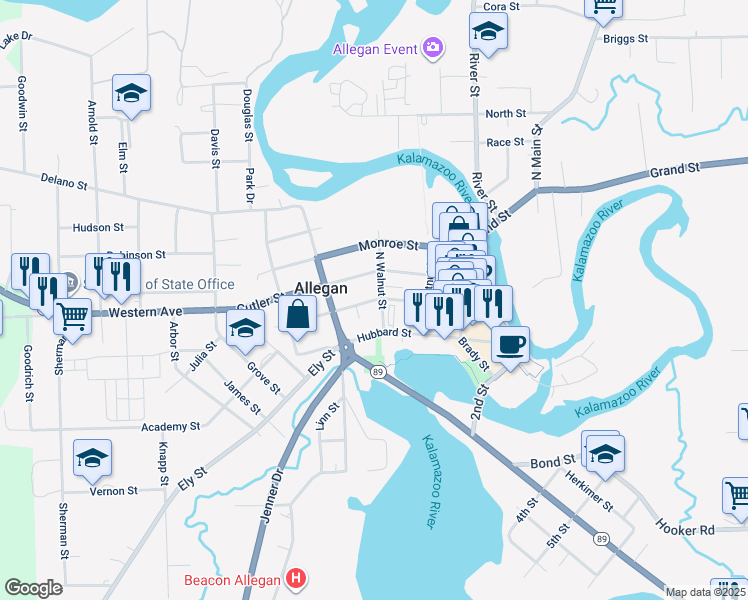map of restaurants, bars, coffee shops, grocery stores, and more near Trowbridge Street in Allegan