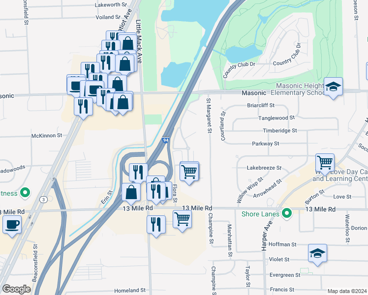 map of restaurants, bars, coffee shops, grocery stores, and more near 31747 Nardelli Lane in Roseville