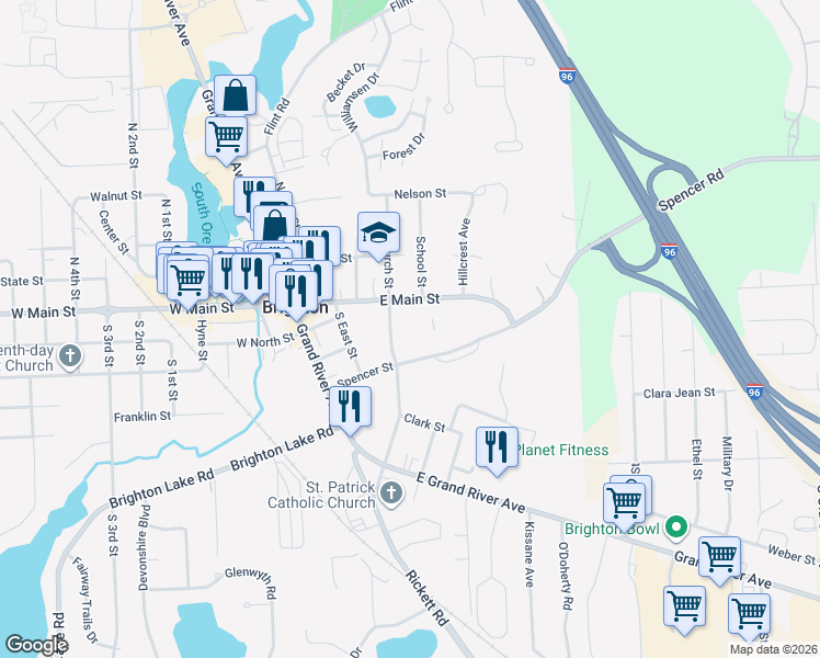 map of restaurants, bars, coffee shops, grocery stores, and more near 125 South Church Street in Brighton