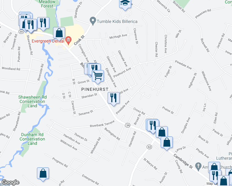 map of restaurants, bars, coffee shops, grocery stores, and more near 10 Chesterfield Avenue in Billerica