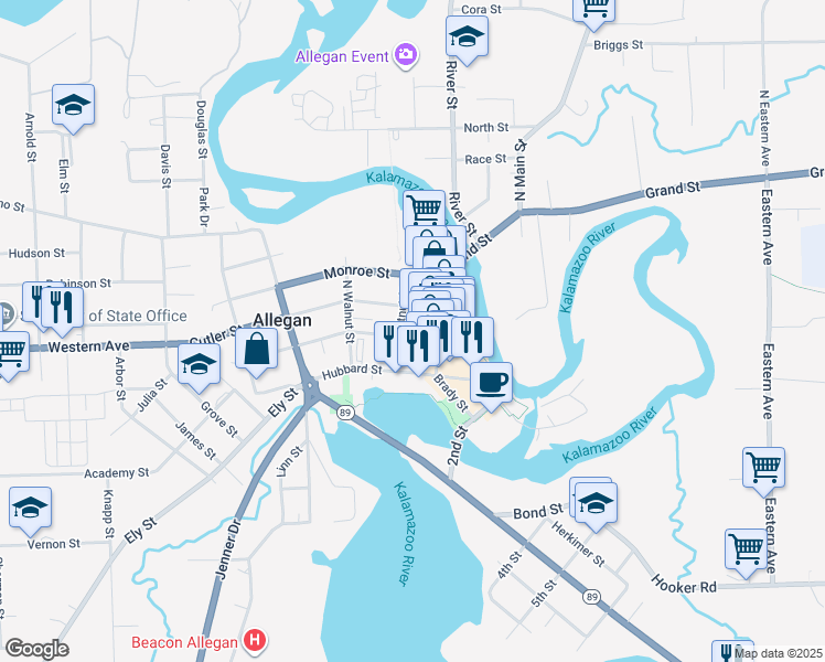 map of restaurants, bars, coffee shops, grocery stores, and more near 203 Cutler Street in Allegan