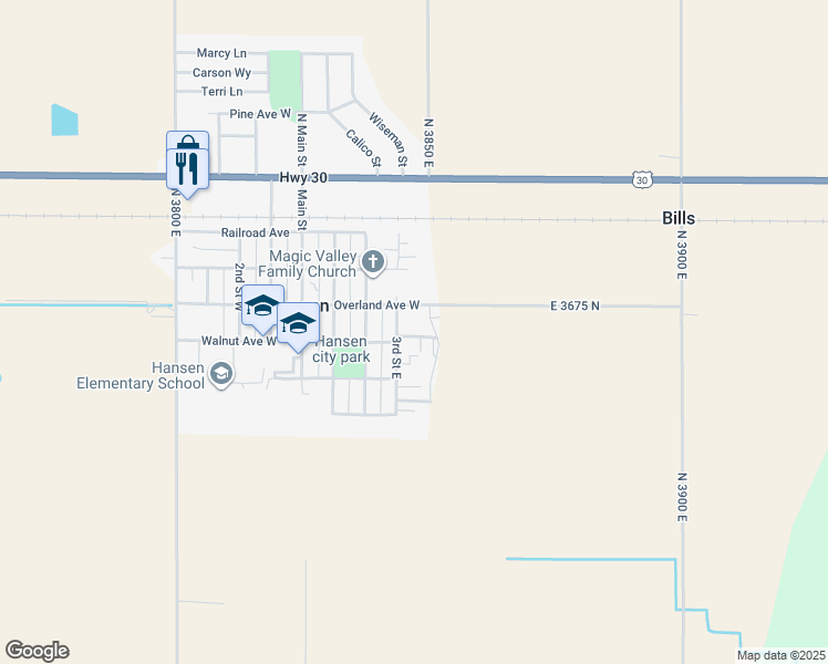 map of restaurants, bars, coffee shops, grocery stores, and more near 424 Overland Avenue East in Hansen