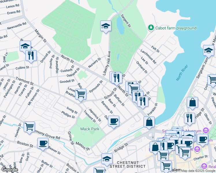 map of restaurants, bars, coffee shops, grocery stores, and more near 164 North Street in Salem