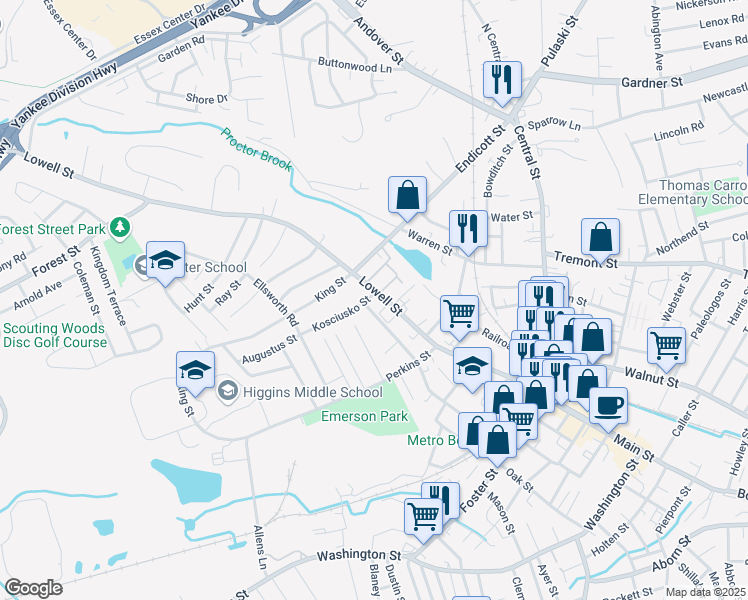 map of restaurants, bars, coffee shops, grocery stores, and more near 133 Lowell Street in Peabody