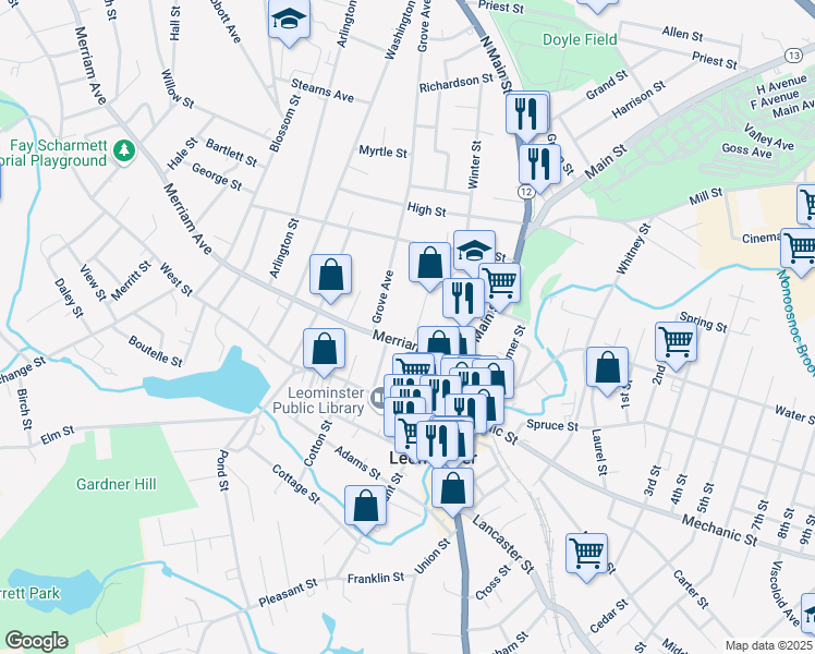 map of restaurants, bars, coffee shops, grocery stores, and more near 25 Grove Avenue in Leominster