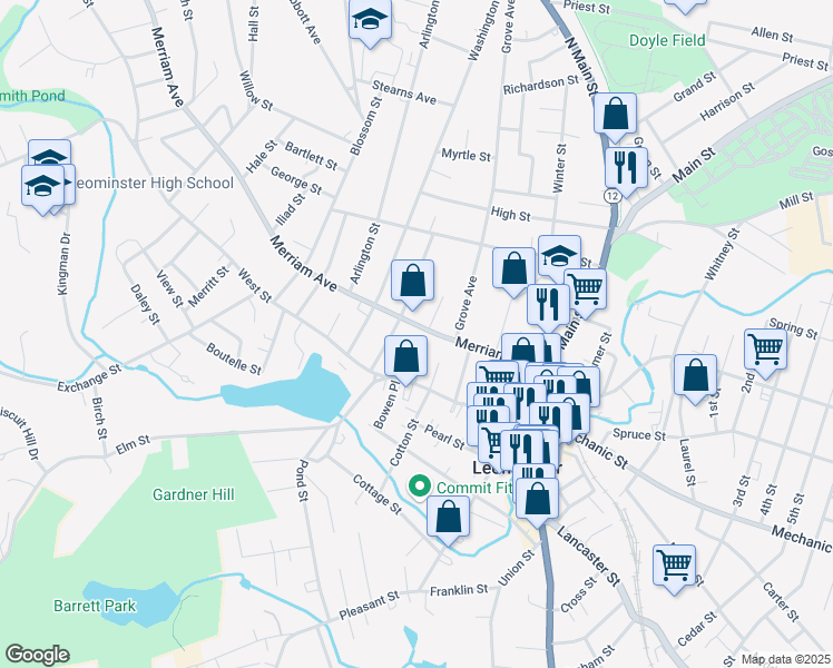 map of restaurants, bars, coffee shops, grocery stores, and more near 14 Foster Court in Leominster