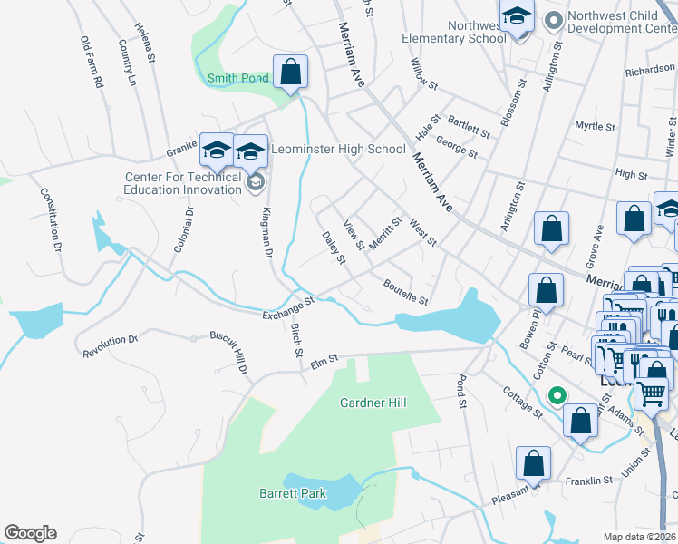 map of restaurants, bars, coffee shops, grocery stores, and more near 17 Daley Street in Leominster