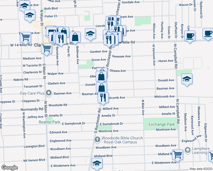 map of restaurants, bars, coffee shops, grocery stores, and more near 707 Donald Avenue in Royal Oak