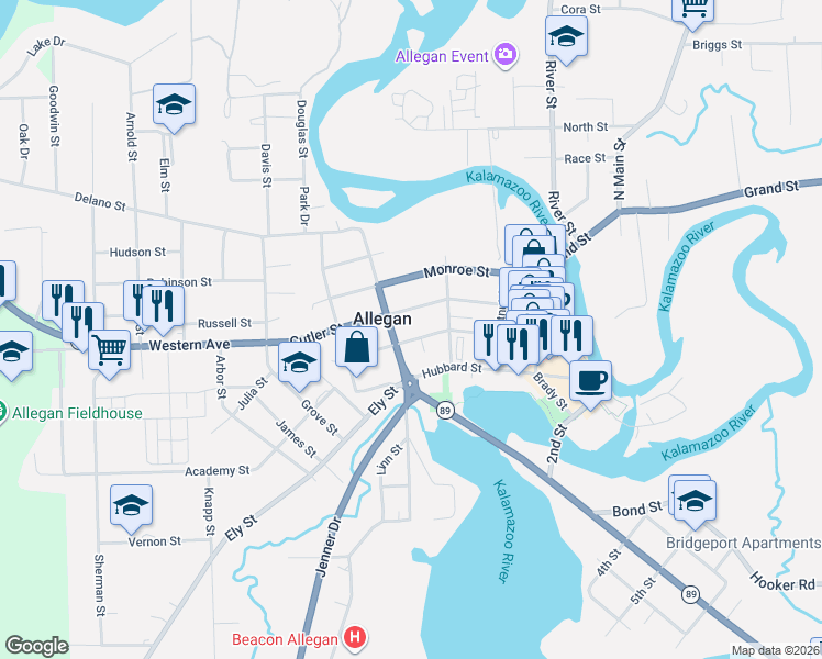 map of restaurants, bars, coffee shops, grocery stores, and more near 323 Cutler Street in Allegan