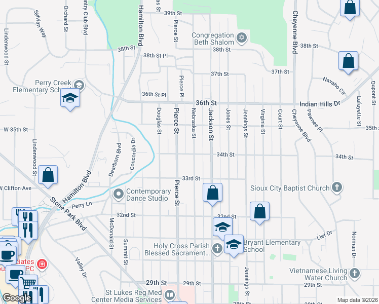 map of restaurants, bars, coffee shops, grocery stores, and more near 3400-3440 Nebraska Street in Sioux City