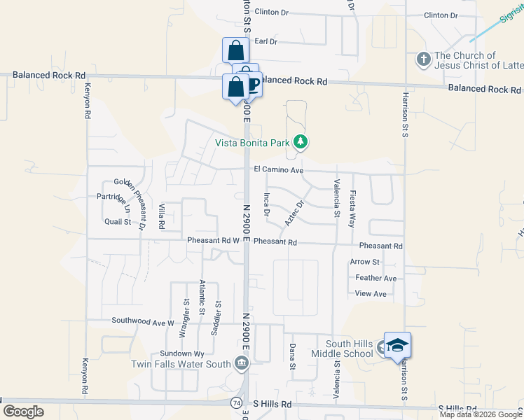 map of restaurants, bars, coffee shops, grocery stores, and more near 1172 Inca Drive in Twin Falls