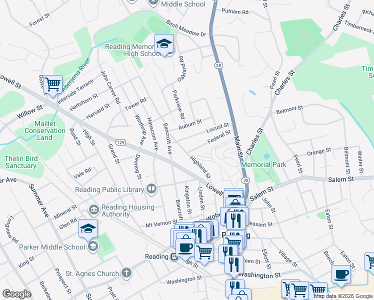 map of restaurants, bars, coffee shops, grocery stores, and more near 66 Locust Street in Reading