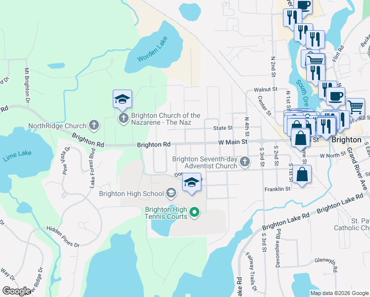 map of restaurants, bars, coffee shops, grocery stores, and more near 7895 Brighton Road in Brighton