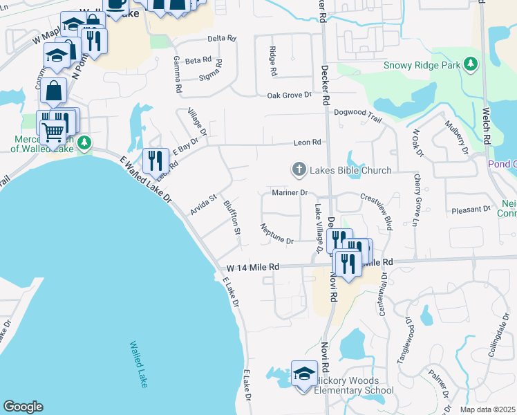 map of restaurants, bars, coffee shops, grocery stores, and more near 365 Neptune Drive in Walled Lake