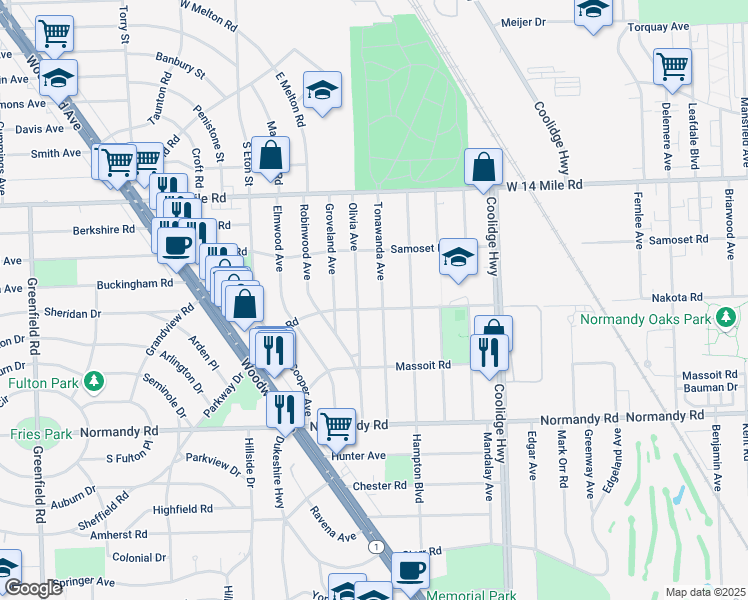map of restaurants, bars, coffee shops, grocery stores, and more near 4424 Olivia Avenue in Royal Oak