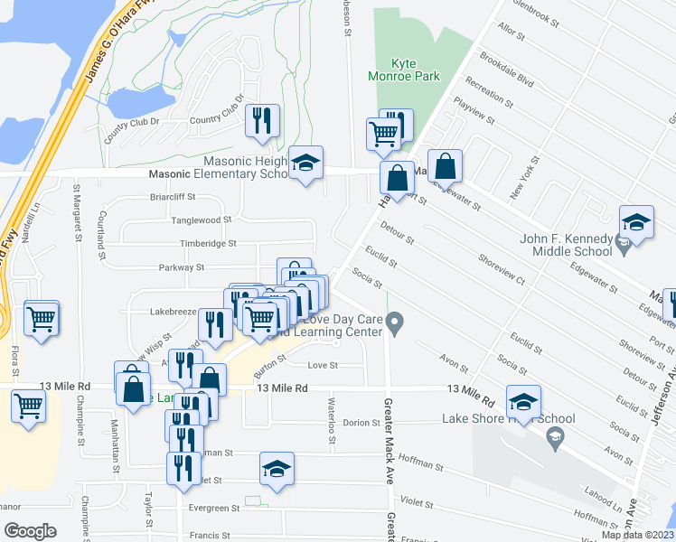 map of restaurants, bars, coffee shops, grocery stores, and more near 802 Sunset Lane in Saint Clair Shores