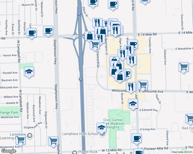 map of restaurants, bars, coffee shops, grocery stores, and more near 32270 Concord Drive in Madison Heights