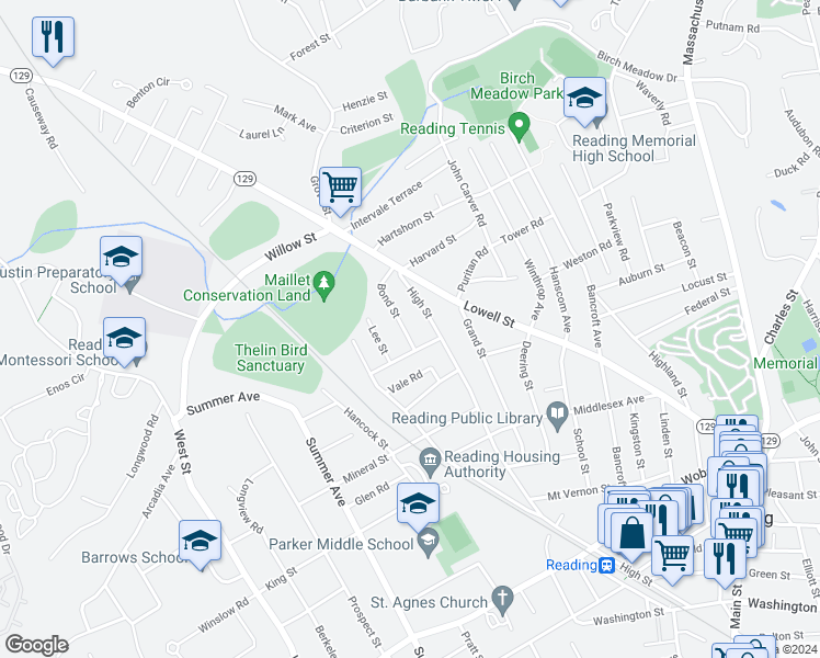 map of restaurants, bars, coffee shops, grocery stores, and more near 25 Bond Street in Reading