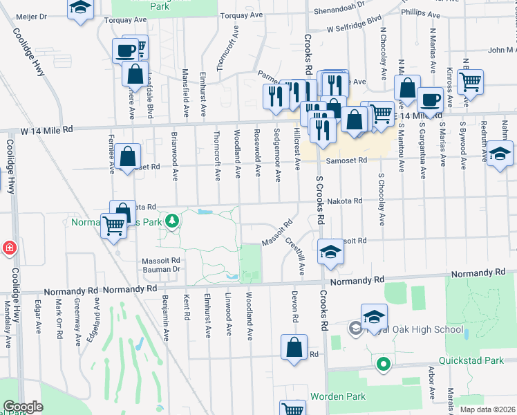 map of restaurants, bars, coffee shops, grocery stores, and more near 4410 Rosewold Avenue in Royal Oak