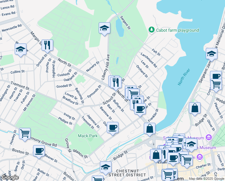 map of restaurants, bars, coffee shops, grocery stores, and more near 164 North Street in Salem