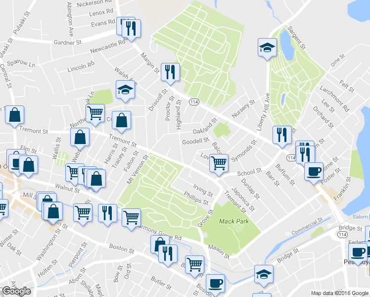 map of restaurants, bars, coffee shops, grocery stores, and more near 24 Goodell Street in Salem