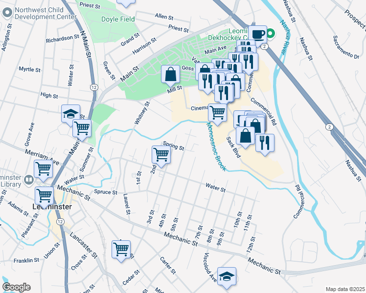 map of restaurants, bars, coffee shops, grocery stores, and more near 23 4th Street in Leominster