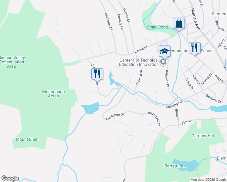 map of restaurants, bars, coffee shops, grocery stores, and more near 29 Constitution Drive in Leominster