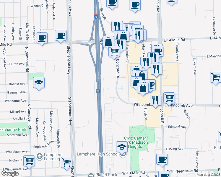 map of restaurants, bars, coffee shops, grocery stores, and more near 32270-32298 Concord Drive in Madison Heights