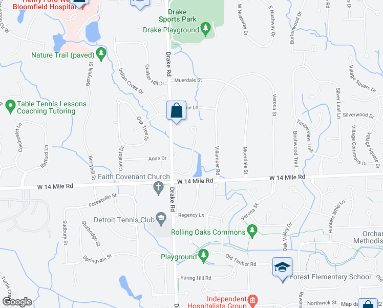 map of restaurants, bars, coffee shops, grocery stores, and more near 7403 Sherwood Creek Court in West Bloomfield Township