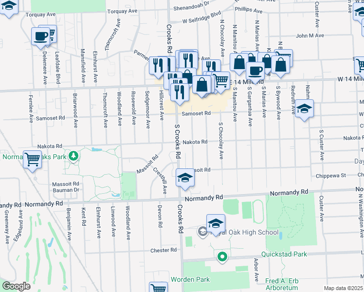 map of restaurants, bars, coffee shops, grocery stores, and more near 426 South Batchewana Avenue in Clawson