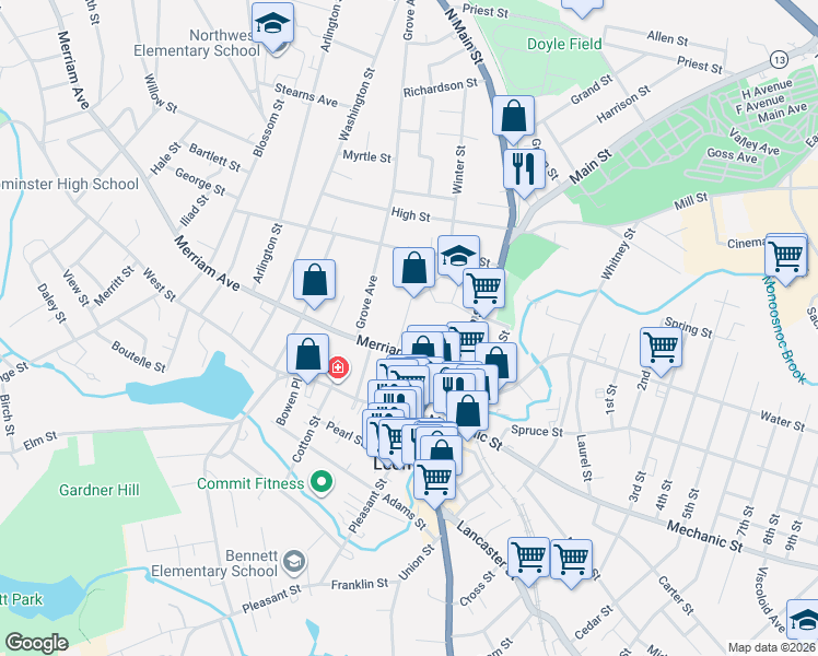 map of restaurants, bars, coffee shops, grocery stores, and more near 73 Church Street in Leominster