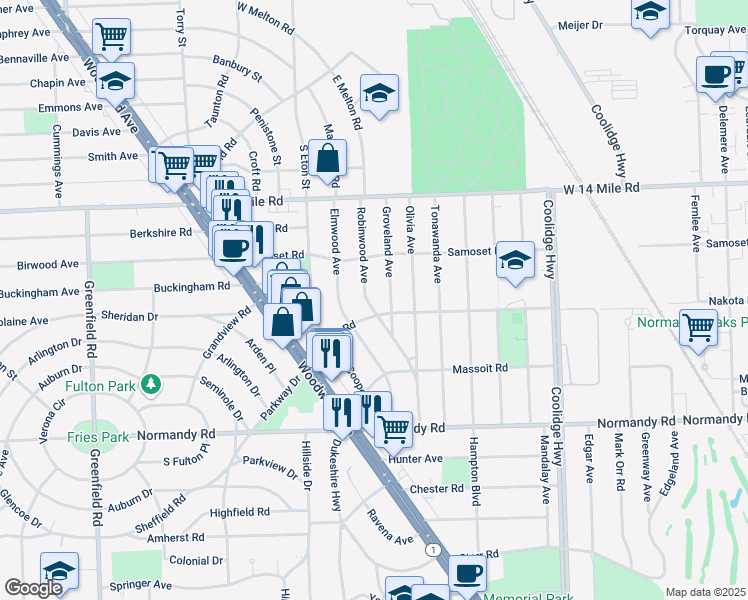 map of restaurants, bars, coffee shops, grocery stores, and more near 4431 Groveland Avenue in Royal Oak