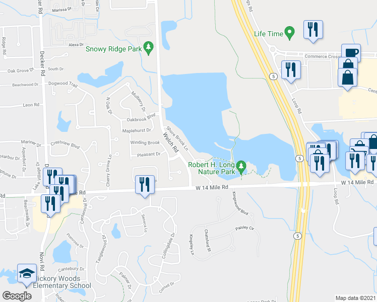 map of restaurants, bars, coffee shops, grocery stores, and more near 252 Shore Brook Lane in Walled Lake