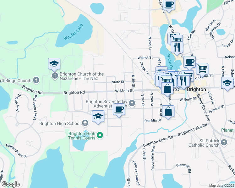 map of restaurants, bars, coffee shops, grocery stores, and more near 1004 West Main Street in Brighton