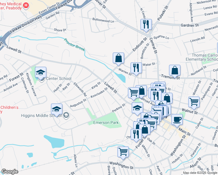 map of restaurants, bars, coffee shops, grocery stores, and more near 133 Lowell Street in Peabody