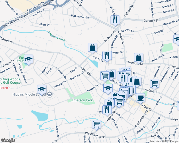 map of restaurants, bars, coffee shops, grocery stores, and more near 115 Lowell Street in Peabody