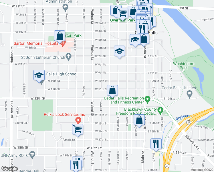 map of restaurants, bars, coffee shops, grocery stores, and more near 1015 Tremont Street in Cedar Falls