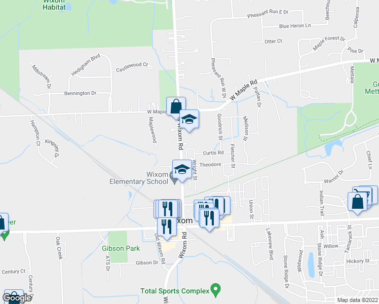 map of restaurants, bars, coffee shops, grocery stores, and more near 3242 Curtis in Wixom