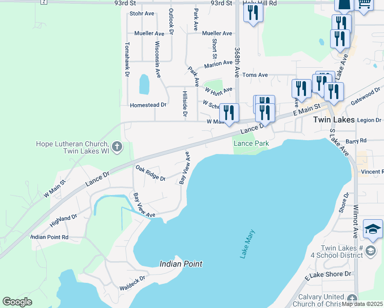 map of restaurants, bars, coffee shops, grocery stores, and more near 201 Lance Drive in Twin Lakes