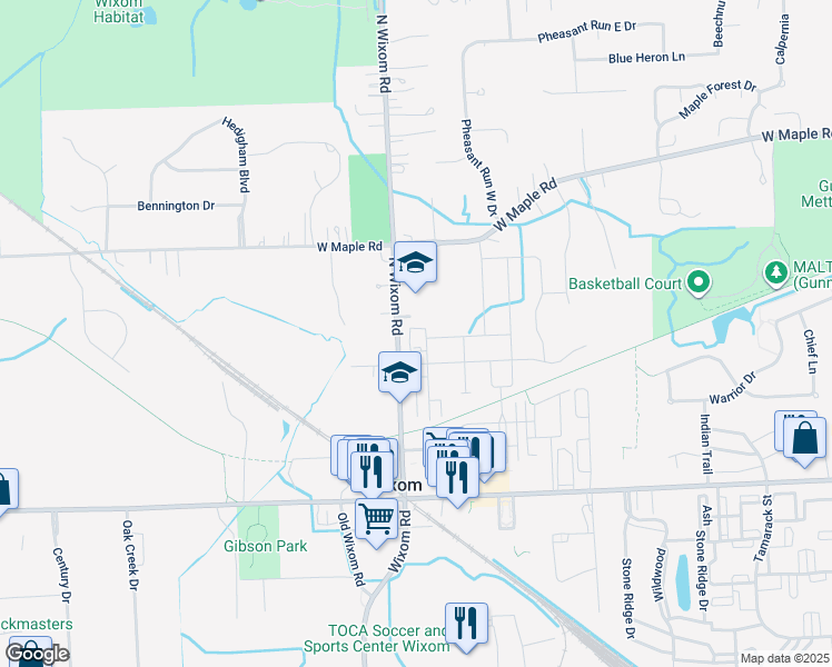 map of restaurants, bars, coffee shops, grocery stores, and more near 3242 Curtis in Wixom