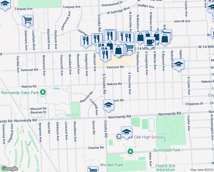 map of restaurants, bars, coffee shops, grocery stores, and more near 426 South Batchewana Avenue in Clawson