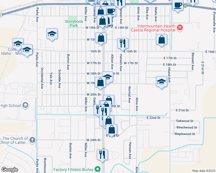 map of restaurants, bars, coffee shops, grocery stores, and more near 102 East 19th Street in Burley