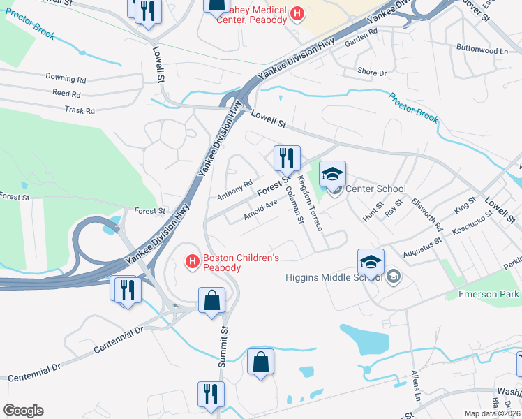 map of restaurants, bars, coffee shops, grocery stores, and more near Arnold Avenue in Peabody