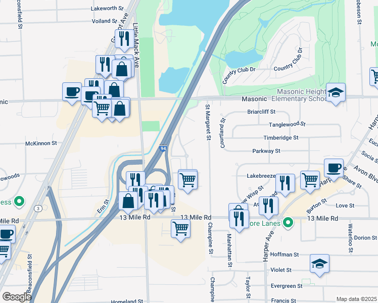 map of restaurants, bars, coffee shops, grocery stores, and more near 31720 Nardelli Lane in Roseville